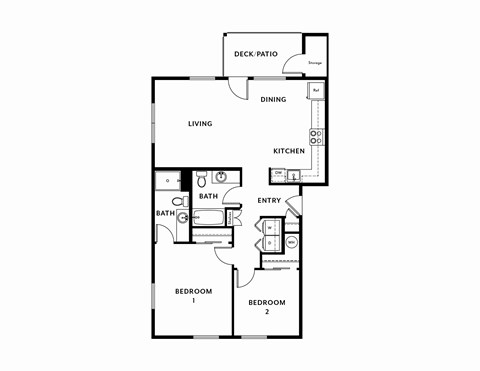 A floor plan of a house with two bedrooms, a living room, a dining room, a kitchen, a bathroom and a deck/patio.